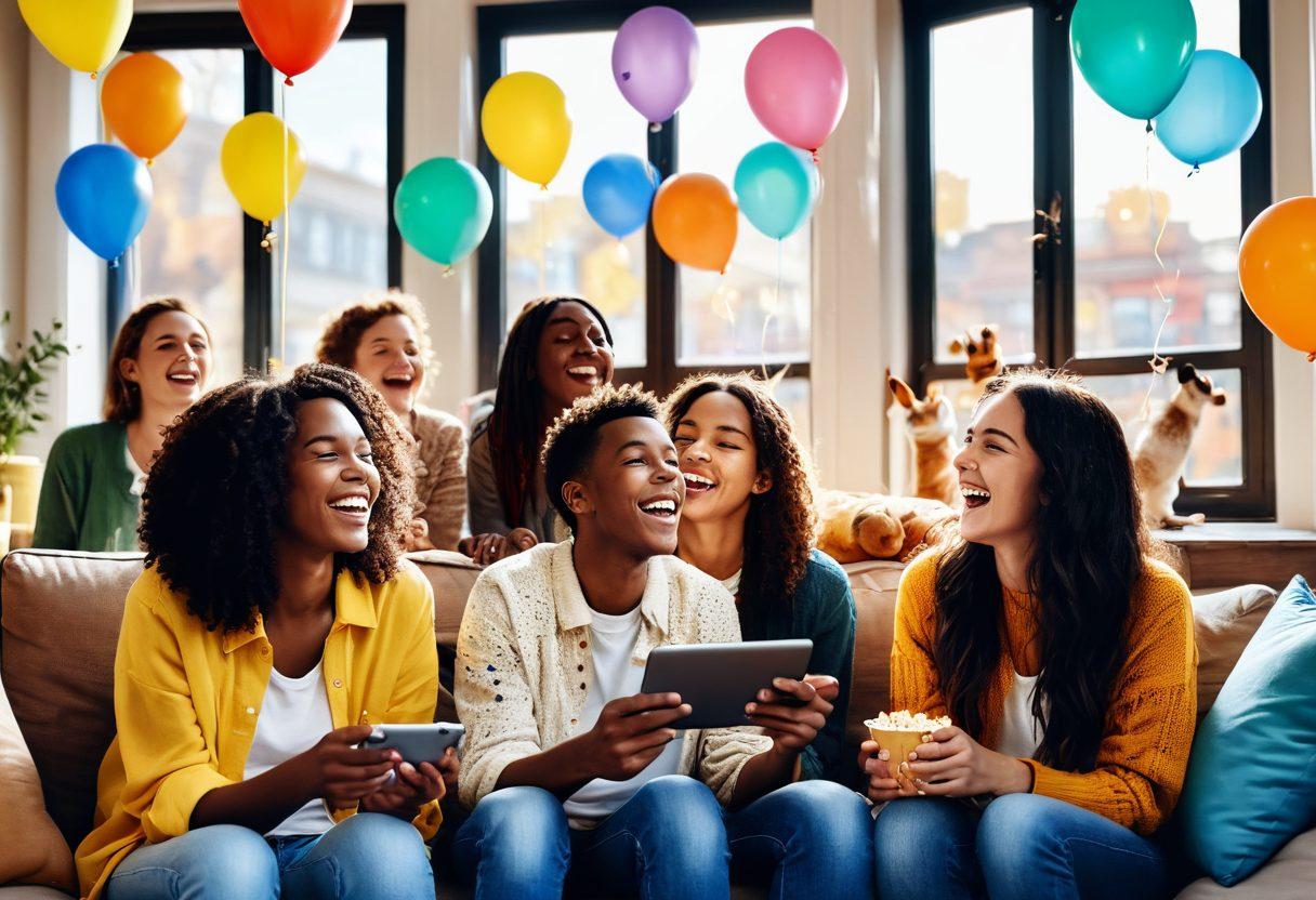 A lively collage of diverse people laughing together while watching funny clips on various devices, surrounded by cheerful animals and colorful balloons. Bright sunlight filters through a window, creating a warm and inviting atmosphere. Joyful expressions and playful elements like confetti and popcorn make the scene feel uplifting. super-realistic. vibrant colors. cozy setting.