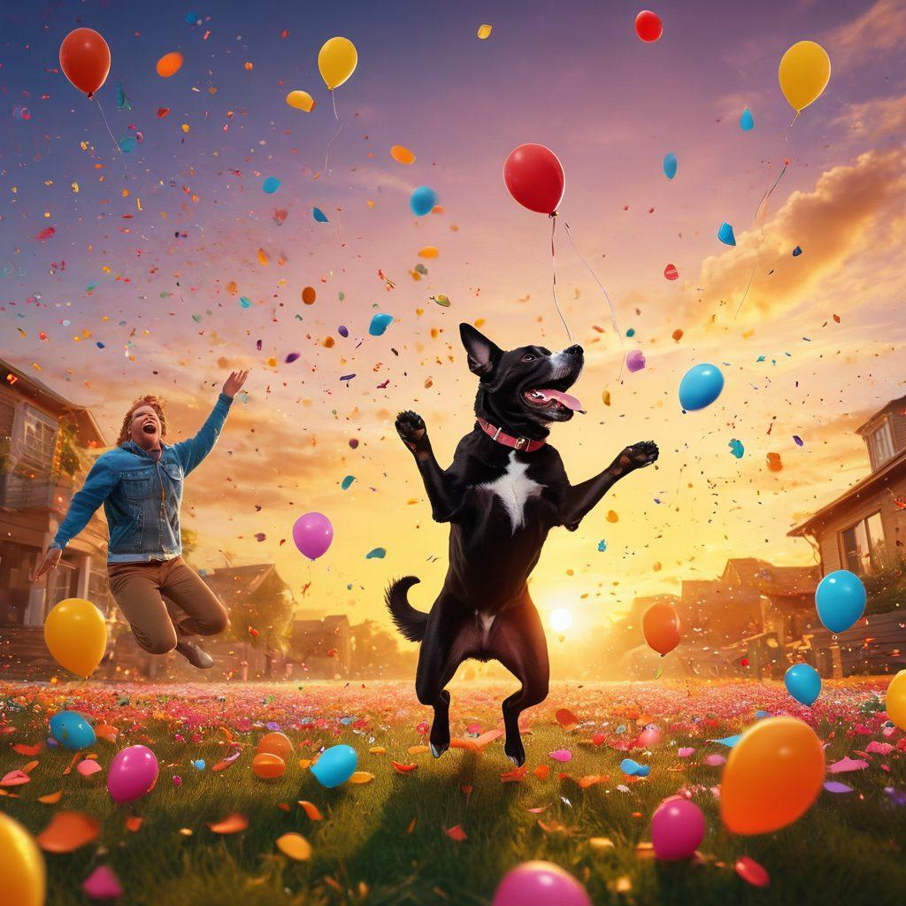 A vibrant collage of joyful moments from various hilarious videos, featuring people laughing, vibrant expressions, and playful scenarios, with elements like confetti, balloons, and smiley faces. Include a playful dog jumping in the background and a sunset giving a warm glow to the scene. The overall tone should evoke happiness and bliss. vibrant colors. playful style. 3D.